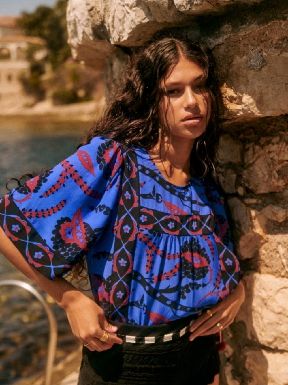 Sezane x FARM Rio Lulla In Atla Blue Floral-Print Women’s Puff-Sleeve Top